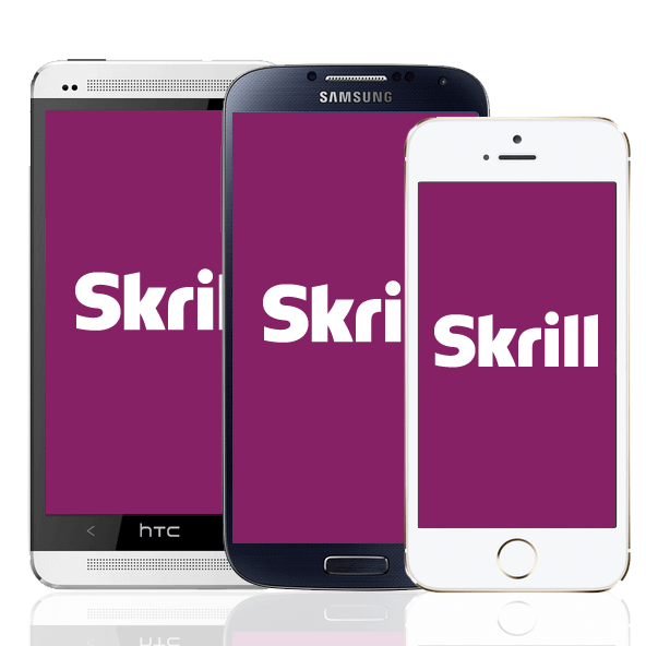 Skrill logo på lilla baggrund i forskellige mobiltelefoner