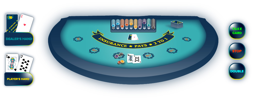 blackjack table with signs and cards