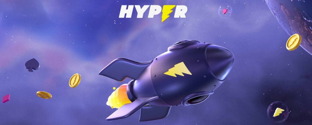 hyper casino purple banner with rocket