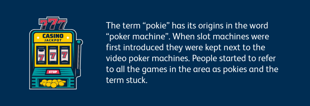 Blue infographic image explaining how pokies got their name in NZ casinos 