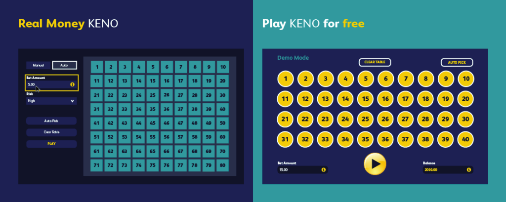 Side by side images Play Keno for Real Money vs Play Keno for Free Canada