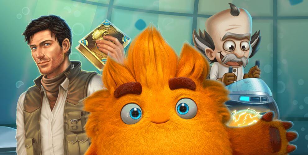 Man med Book of Dead, professor og orange monster - One Casino