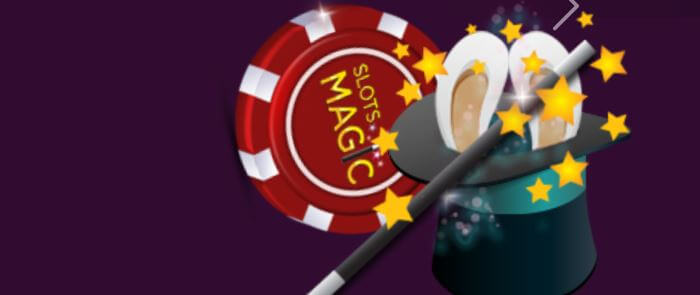 lilla baggrund, troldmandshat og pokerchips med teksten Slots Magic