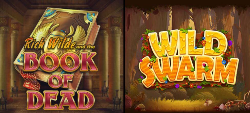 Bog med tekst Book of Dead and Wild Swarm med skov bag spillemaskiner