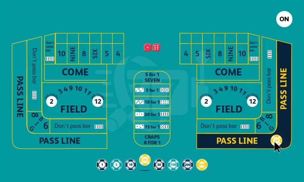craps online bord - foretaget indsats - Pass Line - Guide Craps Online