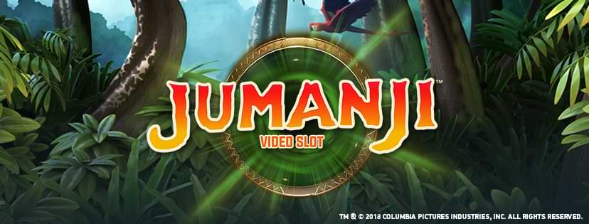Jungle i baggrunden med tekst Jumanji - spillemaskine