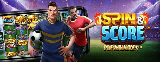 2 fodboldspillere på fodboldbanemobil i baggrunden med spilleautomat spin and score megaways