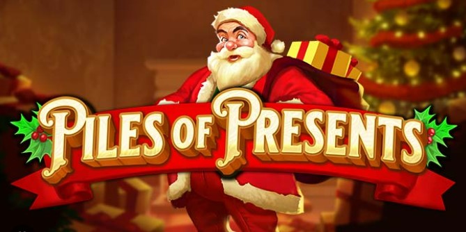 Piles of presents slot banner with Santa