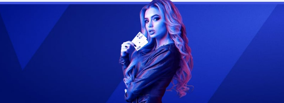Bankonbet casino blue banner with female croupier