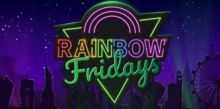 Lilla baggrund med skyline tekst Rainbow Fridays kampagne Mr Vegas DK