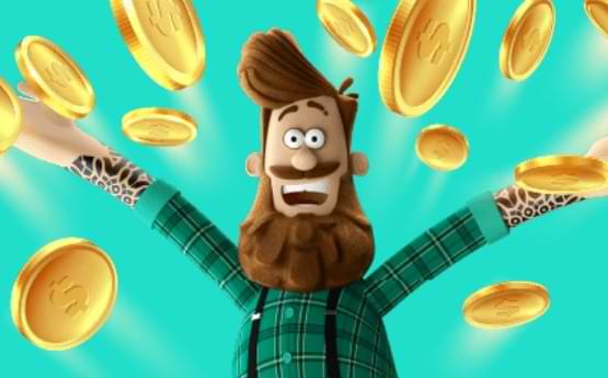 Animeret mand med skæg og seler - penge i luften - JackieJackpot Casino Bonus dk
