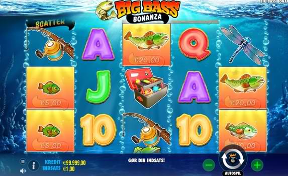 spilleplade med symboler, fiskeplads, prut, fiskekasse - Big Bass Bonanza spilanmeldelse