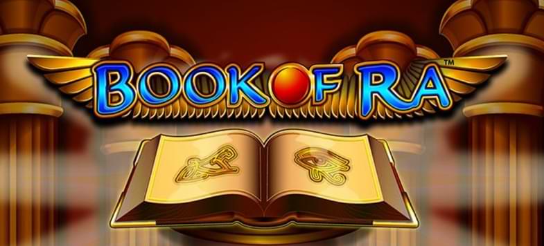 bog med egyptiske tegn - tempel i baggrunden tekst Book of Ra - Dk spillemaskine