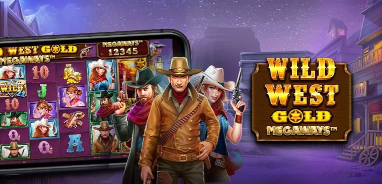 Cowboy og cowgirl mobil med spilleautomat Wild West Gold Megaways DK