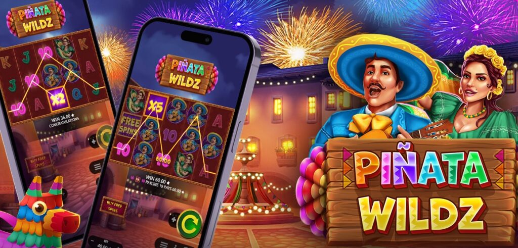 Piñata Wildz slot colourful banner with mariachi